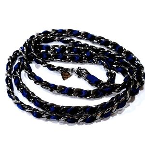 Cookie Lee long chain necklace metal Chain W/ navy Ribbon Braided Through 35”